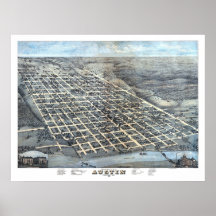 1873 Austin, TX-fågel öga beskådar den panorama- k Print
