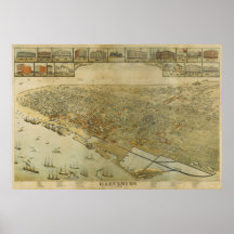 1885 Galveston, TX-fågelöga beskådar den panorama- Print