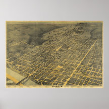 1887 Austin, TX-fågel öga beskådar den panorama- k Print
