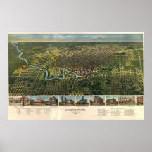 1891 Houston, TX-fågel öga beskådar den panorama-  Posters