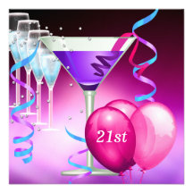 21st Rosa purpurfärgade Martini för födelsedagvit  Skräddarsydda Inbjudan