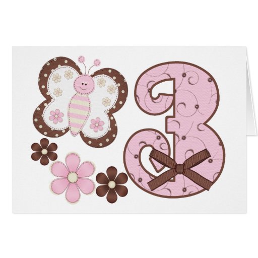 3rd födelsedaginbjudningar för rosa fjäril hälsnings kort
