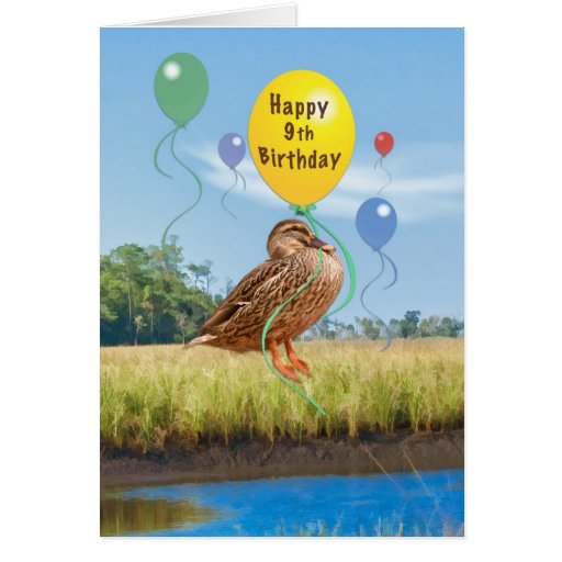 9th Födelsedagkort med ankan och ballonger