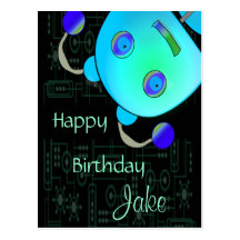 Adorable Peek A Boo Blue Robot Birthday Postcards