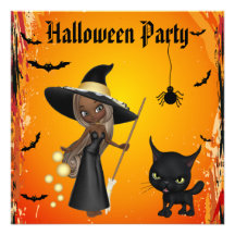Afrikansk amerikanhäxa & katthalloween fest inbjudningskort
