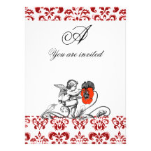 ANGEL PAINTING A RED FLOWER DAMASK MONOGRAM ANNOUNCEMENTS