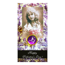 ANTIK PURPURFÄRGAD DAMASTAST Amethyst Monogram Hälsningskort Med Foto