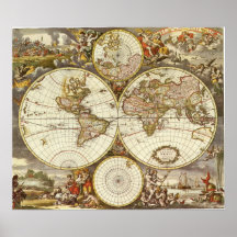 Antik världskarta, C. 1680. Vid Frederick de Intel Affischer
