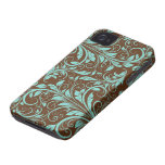 Aquablått och Chocholate brunt damastast mönster iPhone 4 Case-Mate Fodral