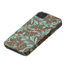 Aquablått och Chocholate brunt damastast mönster iPhone 4 Case-Mate Fodral