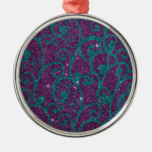 Avbilda av swirly lilor och turkosglitter julgranskulor