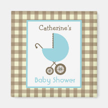 Baby shower - blåttvagn och bruntGingham Kylskåpsnagnet