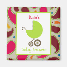 Baby shower - grön vagn och Paisley Magnet För Kylskåp