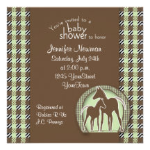 Baby shower med hästar i grön pläd tillkännagivanden