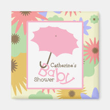 Baby shower - rosa paraply- och pastellblommor magneter