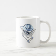 Begrepp för jordklotshoppingvagn kaffe mugg