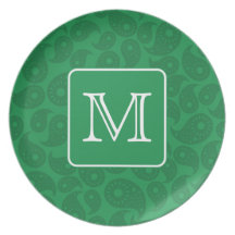 Beställnings- Monogram. Mörk - grön Paisley modell Fest Tallrikar