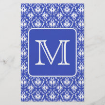 Beställnings- Monogram, på blått- och vitdamastmod Flygblad