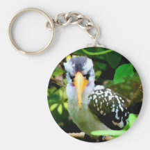 bird black white yellow beak against green painted key chain