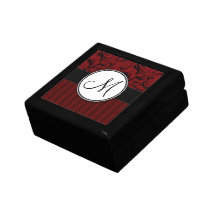 Black on Red Floral Wisps & Stripes with Monogram Gift Box