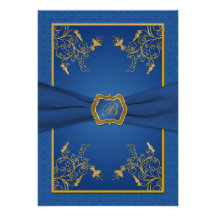 Blått och för Monogrambröllop för guld blom- inbju