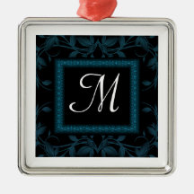 Blått- & svartblommigt & inramad Monogram Julgranskula