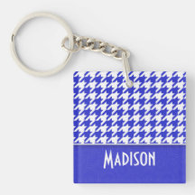 Blått & vit Houndstooth; Gulligt Nyckelringar
