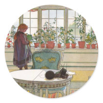 "Blommar för Carl Larsson på för fönsterbrädan" tr Rund Klistermärke