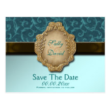 Blue brown gold lace wedding postcard