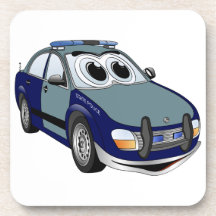 Blue Green Police Car Cartoon Beverage Coasters