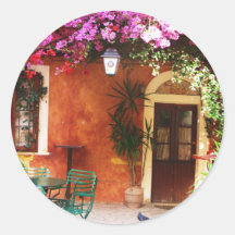 Bougainvillea som växer utanför ett hus, Mykonos,  Runda Klistermärken