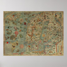 Carta Marinakarta av skandinavien av Olaus Magnus Print
