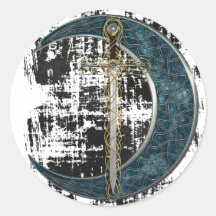 Celtic svärd och måne med Grunge Runda Klistermärken