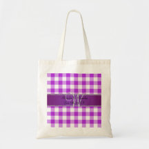 Checkers för gingham för bröllopmonogram purpurfär tote bag