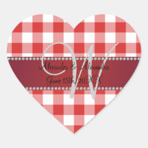 Checkers för gingham för bröllopmonogram röd klistermärke