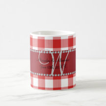 Checkers för gingham för bröllopmonogram röd mugg
