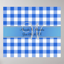Checkers för gingham för bröllopmonogramblått posters
