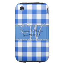 Checkers för gingham för bröllopmonogramblått iPhone 3 tough cases