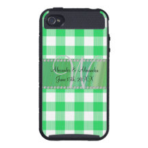 Checkers för gingham för bröllopmonogramgrönt iPhone 4 fodraler