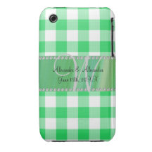 Checkers för gingham för bröllopmonogramgrönt iPhone 3 Case-Mate fodraler
