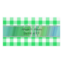 Checkers för gingham för bröllopmonogramgrönt anpassingsbara fotokort