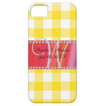 Checkers för gingham för bröllopmonogramgult iPhone 5 hud