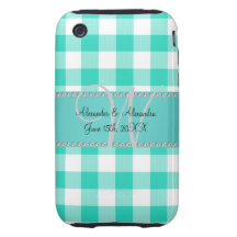 Checkers för gingham för bröllopmonogramturkos iPhone 3 tough skydd