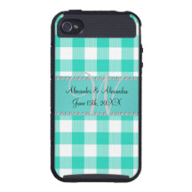 Checkers för gingham för bröllopmonogramturkos iPhone 4 skal