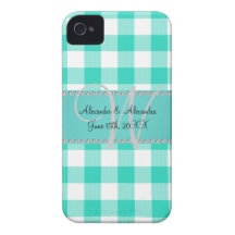 Checkers för gingham för bröllopmonogramturkos iPhone 4 fodral