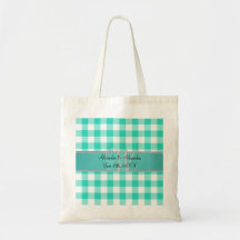 Checkers för gingham för bröllopmonogramturkos tote bag