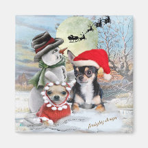 Chihuahua med snögubbegåvor magnet för kylskåp