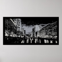 Cityscape Chicago på den svartvita natten Print