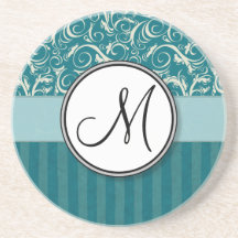 Cream on Teal Floral Wisps & Stripes with Monogram Drink Coasters
