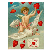 Cupid som levererar hjärtor på en duva vykort